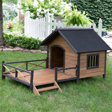 Large Solid Wood Outdoor Dog House with Spacious Deck Porch