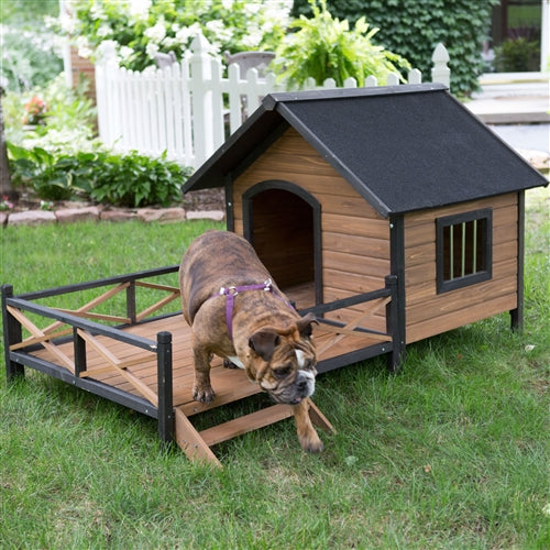 Large Solid Wood Outdoor Dog House with Spacious Deck Porch