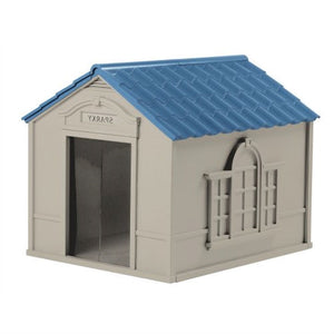 Dog House in Taupe and Blue Roof Durable Resin for up to 100 lbs Dog